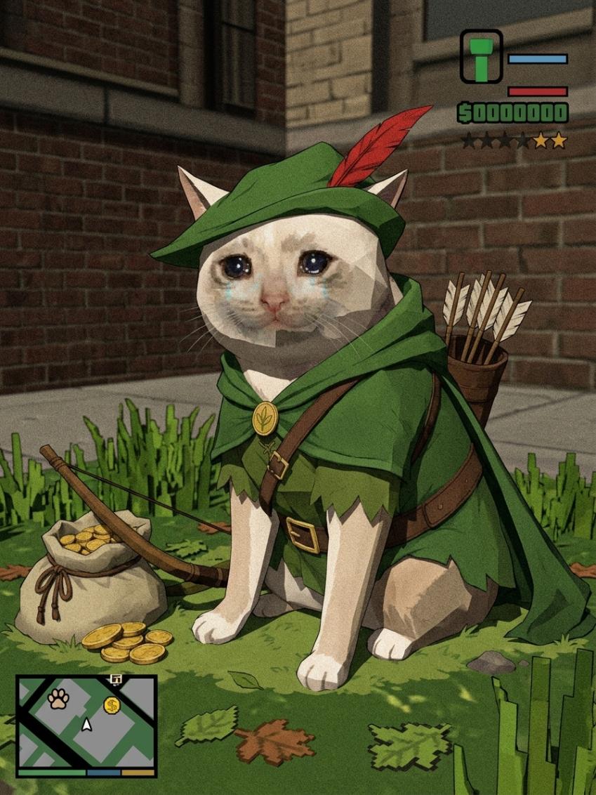 A cat dressed as a green hooded outlaw in a game-style city scene